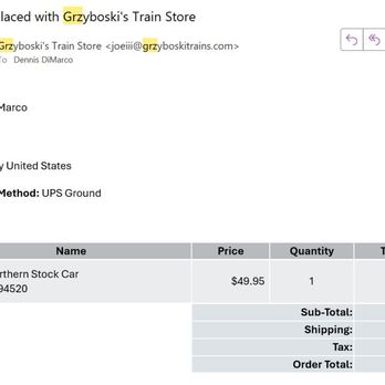 Grzyboski's Trains - Invoice - Hobby Shops Near Me - Moosic, Pennsylvania