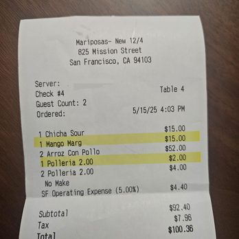 Mariposas - Marg should've been $7.50 $2 sauce charge - Peruvian Near Me - San Francisco, California Mariposas - Marg should've been $7.50 $2 sauce charge - Peruvian Near Me - San Francisco, California