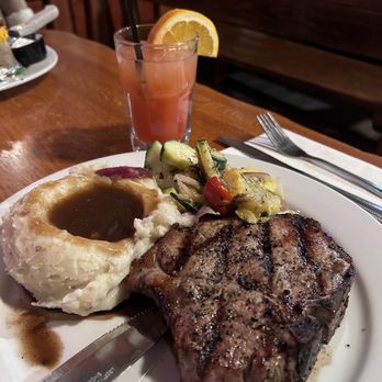 Stage Coach Grille - Pork porterhouse w/cowboy sunrise - Seafood Near Me - La Verkin, Utah Stage Coach Grille - Pork porterhouse w/cowboy sunrise - Seafood Near Me - La Verkin, Utah