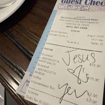 Val's Italian Restaurant & Pizza - Check from waitress Kendall that made my day! - Italian Near Me - Canton, Texas Val's Italian Restaurant & Pizza - Check from waitress Kendall that made my day! - Italian Near Me - Canton, Texas