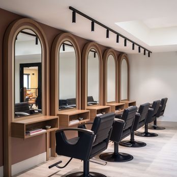 Gina Studio Estético - Five colour stations with large oval mirrors and modern black chairs. - Hair Salons Near Me - Waterloo, Ontario Gina Studio Estético - Five colour stations with large oval mirrors and modern black chairs. - Hair Salons Near Me - Waterloo, Ontario