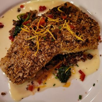 Muriel's Jackson Square - Pecan Crusted Drum - drum fillet pan sautéed and topped with a panko-pecan crust. Served with a crab meat-pecan relish and lemon beurre. - Cajun/Creole Near Me - New Orleans, Louisiana Muriel's Jackson Square - Pecan Crusted Drum - drum fillet pan sautéed and topped with a panko-pecan crust. Served with a crab meat-pecan relish and lemon beurre. - Cajun/Creole Near Me - New Orleans, Louisiana