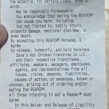 Dave's Hot Chicken - Waiver to order the Reaper lol - Chicken Shop Near Me - Lake Mary, Florida