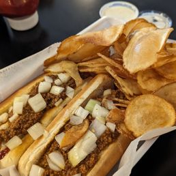 Two dogs all the way with hot chips Two dogs all the way with hot chips