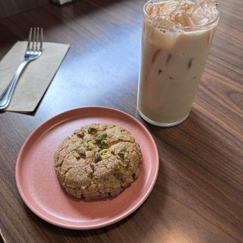 The Flying Spoon - Ginger pistachio cookie and iced chai latte. - Breakfast & Brunch Near Me - Santa Paula, California The Flying Spoon - Ginger pistachio cookie and iced chai latte. - Breakfast & Brunch Near Me - Santa Paula, California