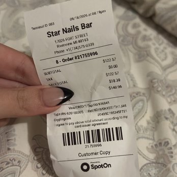 Star Nails Bar - A receipt of my bill at the nail salon - Nail Salons Near Me - Riverview, Michigan Star Nails Bar - A receipt of my bill at the nail salon - Nail Salons Near Me - Riverview, Michigan