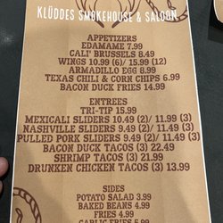 Klüddes Smokehouse + Saloon - Menu as of 1.7.22