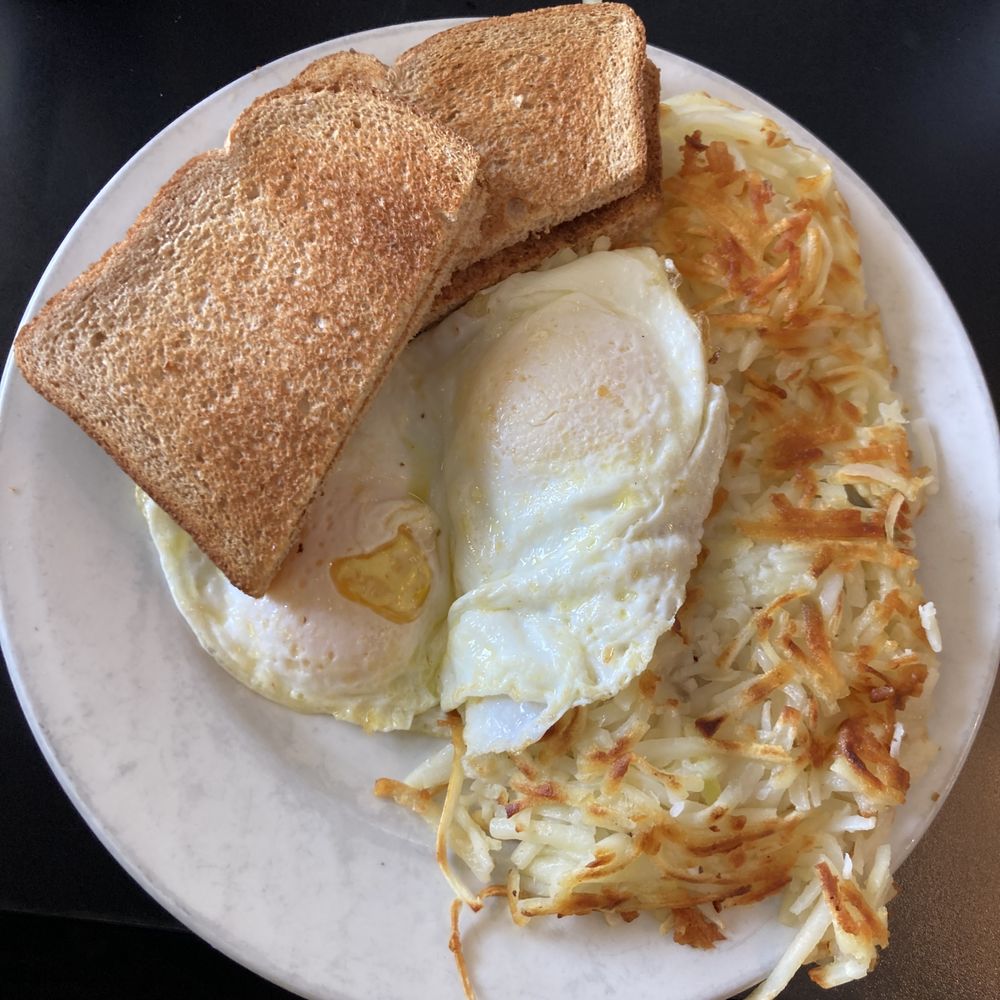 #5 2 eggs over medium with hashbrowns and dry wheat