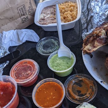 El Pollo Tapatio - The salsas and rice and beans with pollo entero con todo - Mexican Near Me - Indianapolis, Indiana