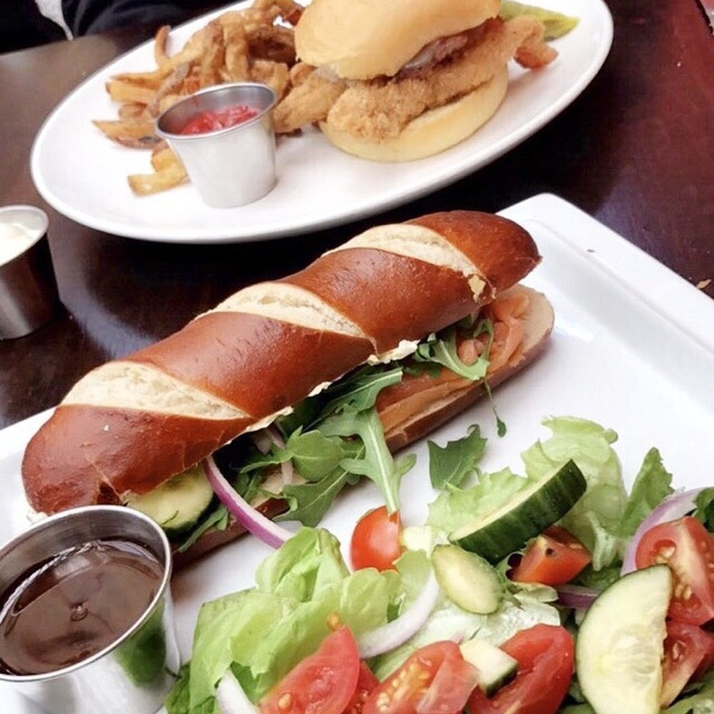 Hecks - Smoked salmon sandwich on pretzel bun - Breakfast & Brunch Near Me - Cleveland, Ohio