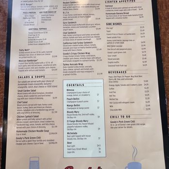Goody's Eatery - Menu - The menu from Goody's Eatery in Westminster, CO includes sections for burgers, sandwiches, lighter appetizers, side dishes, beverages, and cocktails. It lists various burger options, sandwich choices like club and California turkey, and lighter items such as oatmeal and banana bread. Side dishes include eggs, toast, and fries. Beverage options feature soft drinks, beer, and specialty drinks. The menu provides detailed descriptions and prices for each item, with a clean layout and a logo at the bottom. - American Near Me - Westminster, Colorado