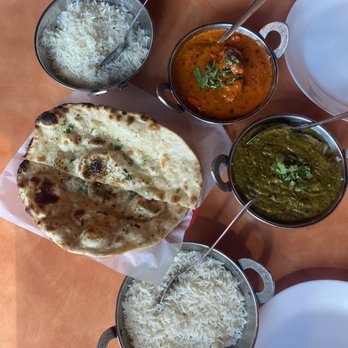 Naan Stop Indian Cuisine - An outstanding meal of palak paneer (spinach paneer), chicken tikka masala, rice, and naan! - Indian Near Me - Durham, North Carolina Naan Stop Indian Cuisine - An outstanding meal of palak paneer (spinach paneer), chicken tikka masala, rice, and naan! - Indian Near Me - Durham, North Carolina