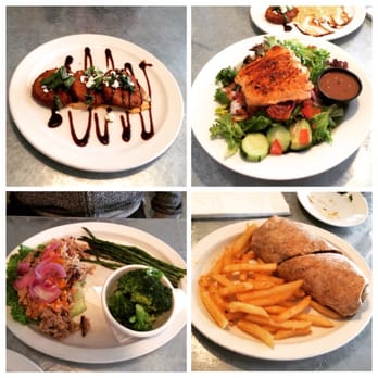 The 5 Spot - Fried green tomatoes, blackened salmon salad, pulled pork plate and chicken Gouda wrap. - American Near Me - Savannah, Georgia