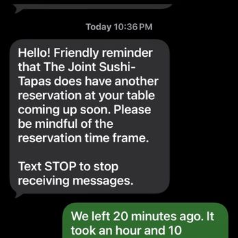 The Joint - Got this cryptic message after we got home a half hour after restaurant had closed and it was half empty. Weird, could live without it. - Gastropubs Near Me - San Diego, California