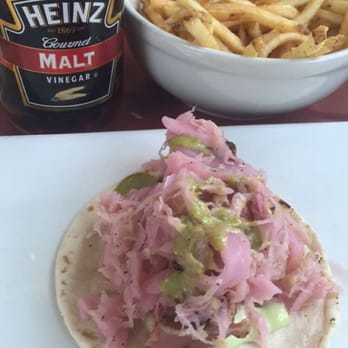 Blue Fish Grill - Tokyo taco (salmon, cilantro, and the perfect amount of ginger), shoestring fries I added vinegar to. - Seafood Near Me - Flemington, New Jersey Blue Fish Grill - Tokyo taco (salmon, cilantro, and the perfect amount of ginger), shoestring fries I added vinegar to. - Seafood Near Me - Flemington, New Jersey
