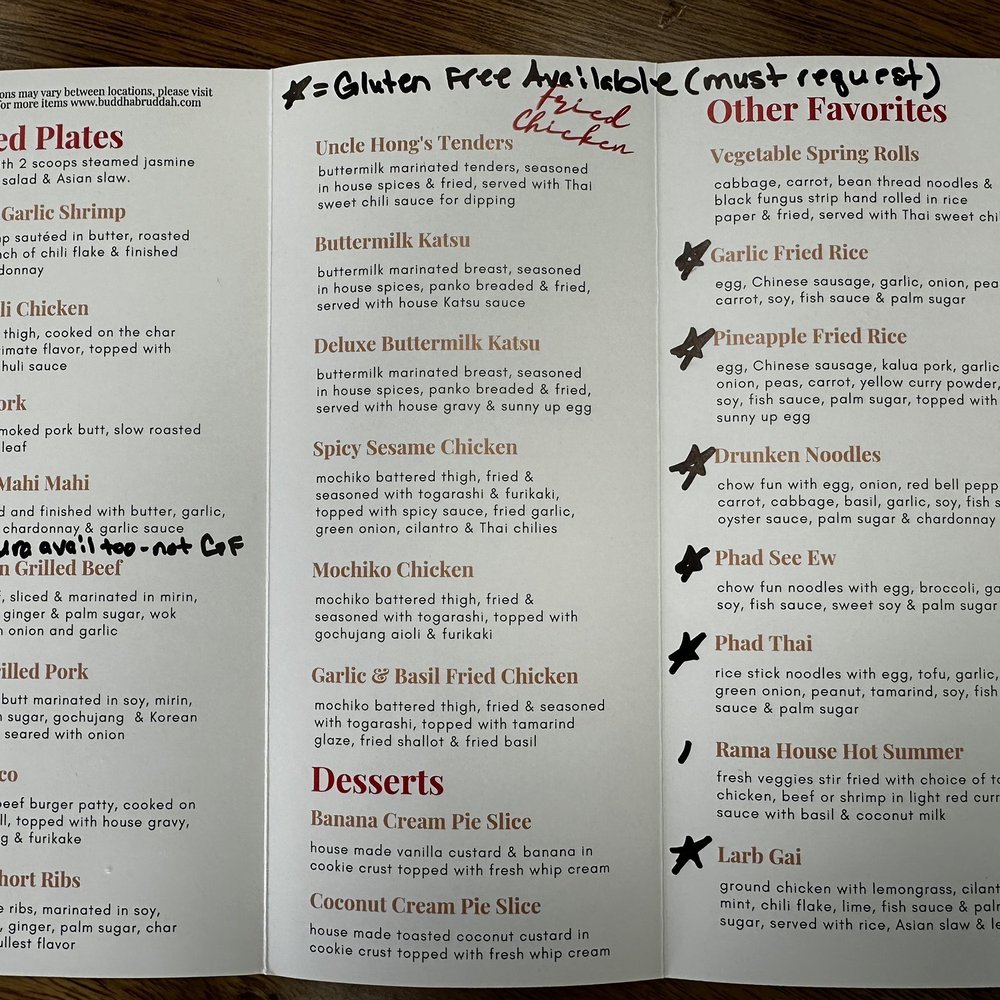 Buddha Bruddah - Full menu. Added one item not on there per the employee. Noted all gluten-free items per digital menu. No cross-contamination!!!!! - Hawaiian Near Me - Kirkland, Washington Buddha Bruddah - Full menu. Added one item not on there per the employee. Noted all gluten-free items per digital menu. No cross-contamination!!!!! - Hawaiian Near Me - Kirkland, Washington