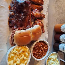 Shack in the Back BBQ - Sampler #1 - Turkey rib, 3 wings, ribs, pulled pork and brisket sliders, potato salad, beans, Mac and cheese