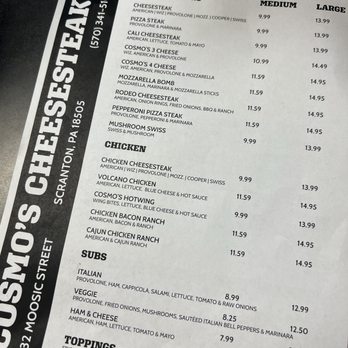 Cosmo's - Menu - Cheesesteaks Near Me - Scranton, Pennsylvania