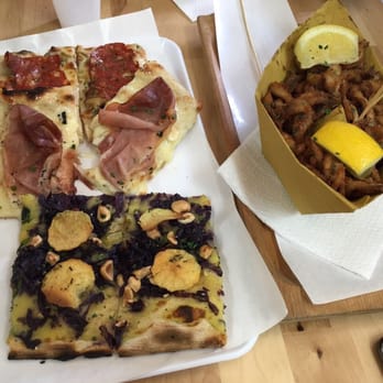 Zizzi Pizza - Ham pizza, spicy salami pizza and spinach with potatoes. The paper bag has the fried anchovies. - Pizza Near Me - Rome, RM Zizzi Pizza - Ham pizza, spicy salami pizza and spinach with potatoes. The paper bag has the fried anchovies. - Pizza Near Me - Rome, RM
