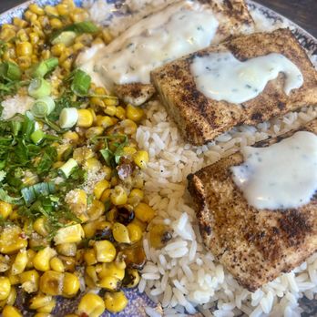 California Fish Grill - Mahi mahi with garlic butter, street corn and rice. - Seafood Near Me - Long Beach, California California Fish Grill - Mahi mahi with garlic butter, street corn and rice. - Seafood Near Me - Long Beach, California