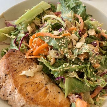 Flower Child - Ginger Miso Crunch with salmon - Vegetarian Near Me - Denver, Colorado Flower Child - Ginger Miso Crunch with salmon - Vegetarian Near Me - Denver, Colorado