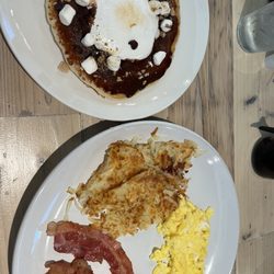 Main St Breakfast + Lunch - The Hearty combo with a side of hash browns and a s'mores pancake