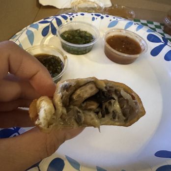 Lord Empanada - Mushroom empanada. L to R for the sauces: Spicy chimichurri, regular chimichurri, hot sauce - Argentine Near Me - Monrovia, California Lord Empanada - Mushroom empanada. L to R for the sauces: Spicy chimichurri, regular chimichurri, hot sauce - Argentine Near Me - Monrovia, California