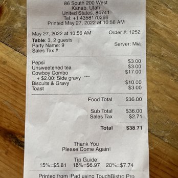 Adrias Restaurant - Receipt - Comfort Food Near Me - Kanab, Utah