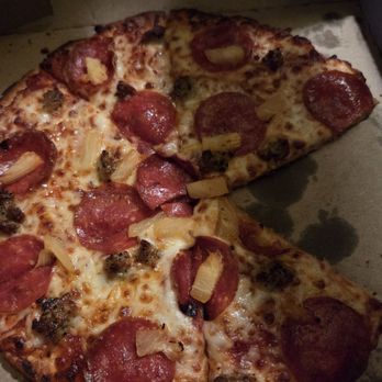 Domino's Pizza - I move the toppings around for a satisfying bite. No flavor!. This is a 3 topping pep saus & pineapple. Taste burnt also - Pizza Near Me - Montclair, New Jersey Domino's Pizza - I move the toppings around for a satisfying bite. No flavor!. This is a 3 topping pep saus & pineapple. Taste burnt also - Pizza Near Me - Montclair, New Jersey