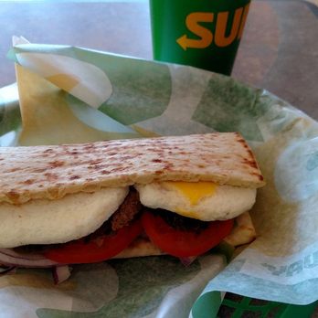 Subway - My steak egg and cheese breakfast sandwich on flatbread with tomatoes, green bell peppers, red onions, and jalapenos. Yum! - Sandwiches Near Me - Bishop, California Subway - My steak egg and cheese breakfast sandwich on flatbread with tomatoes, green bell peppers, red onions, and jalapenos. Yum! - Sandwiches Near Me - Bishop, California