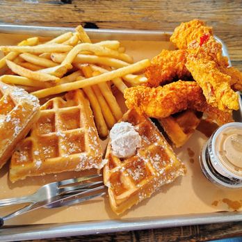 The Cookshack - Chicken n Waffles with the hot seasoning. You can't tell this is super hot. - American Near Me - College Station, Texas The Cookshack - Chicken n Waffles with the hot seasoning. You can't tell this is super hot. - American Near Me - College Station, Texas