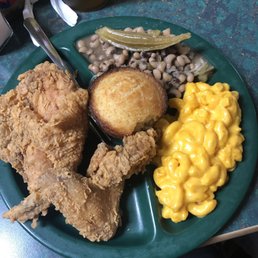 Fried chicken, purple hull peas with okra, Mac and cheese, cornbread Fried chicken, purple hull peas with okra, Mac and cheese, cornbread