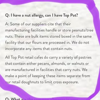 Top Pot Doughnuts - Claims to use precautions for nut allergies but that is not the case in this shop! - Bakeries Near Me - Seattle, Washington Top Pot Doughnuts - Claims to use precautions for nut allergies but that is not the case in this shop! - Bakeries Near Me - Seattle, Washington