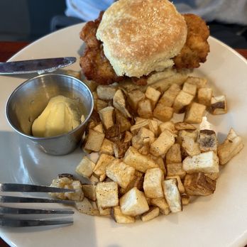Counter Cafe East - Fried Chicken Biscuit with Breakfast Potatoes - Breakfast & Brunch Near Me - Austin, Texas Counter Cafe East - Fried Chicken Biscuit with Breakfast Potatoes - Breakfast & Brunch Near Me - Austin, Texas