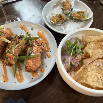 O Sea - fried oysters, spicy wild albacore tuna on crispy rice and albacore tuna poke w taro chips - Seafood Near Me - Orange, California