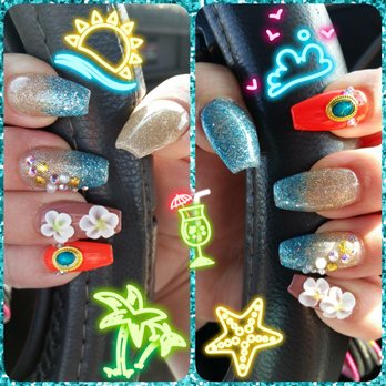 3D Nails by Lena - Got these for a "Moana" birthday party. Super cute!! The flowers were freehand. - Nail Technicians Near Me - West Covina , California