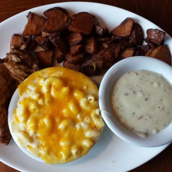 Thunderbird Cafe - Southern Fried Chicken, small piece of chicken breast for $11.99, over fried potato and blend mac n cheese - Breakfast & Brunch Near Me - McGaheysville, Virginia Thunderbird Cafe - Southern Fried Chicken, small piece of chicken breast for $11.99, over fried potato and blend mac n cheese - Breakfast & Brunch Near Me - McGaheysville, Virginia