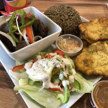 Jacmel Caribbean - Fried Goat, rice, plantain and refreshing salad! - Caribbean Near Me - Lehigh acers, Florida