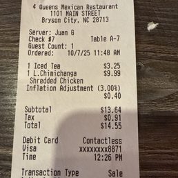 The original ticket 3% added for every card. I asked the server. 3% for debit card also.  Final receipt came shows Inflation Adjustment 3%.