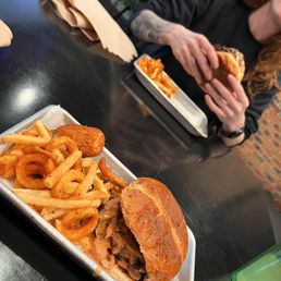 2x2 Burger with Curly, Regular Fries and Jalapeño poppers 2x2 Burger with Curly, Regular Fries and Jalapeño poppers