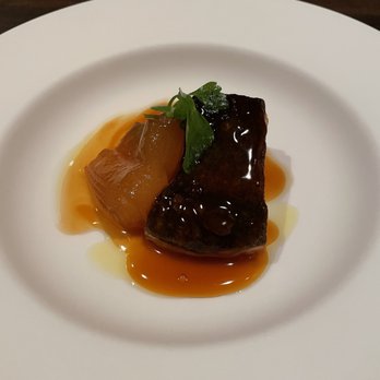 Benu - Roast Turbot glazed in fermented pepper sauce braised winter melon, minari - Asian Fusion Near Me - San Francisco, California