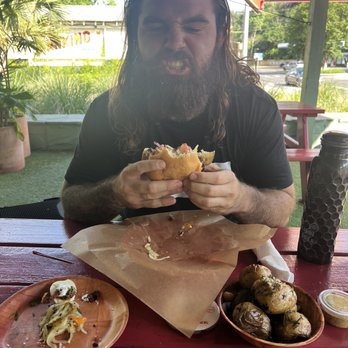 Lou’s - Barton Springs - Cheeseburger with an extra patty, deviled eggs and rotisserie potato's - American Near Me - Austin, Texas Lou’s - Barton Springs - Cheeseburger with an extra patty, deviled eggs and rotisserie potato's - American Near Me - Austin, Texas