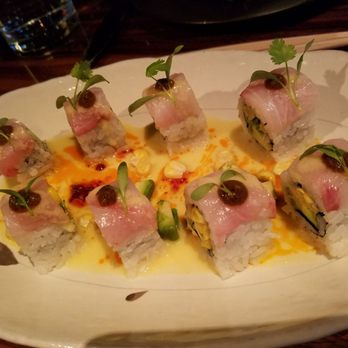 Ruka - Hamachi Amarillo - $17 - baby corn & avocado roll, hamachi, tomatillo salsa, jalapeno corn sauce - Sushi Bars Near Me - Boston, Massachusetts Ruka - Hamachi Amarillo - $17 - baby corn & avocado roll, hamachi, tomatillo salsa, jalapeno corn sauce - Sushi Bars Near Me - Boston, Massachusetts