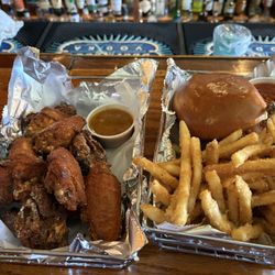 The J O B Public House - Sezna Wings and Full Ride burger and fries.