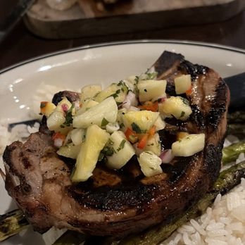 Sevys Bar and Kitchen - Grilled Pork Chop (GF) Clam Chowder-Cup Whole Roasted Gilroy Garlic (V) DELISH! - Bars Near Me - Aptos, California