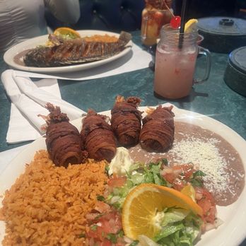 Mariscos Ensenada - Bacon wrapped stuffed shrimp with rice and beans - Seafood Near Me - Santa Maria, California