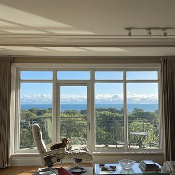 Urban Environments - Curtains - A living room features large windows with a view of trees, water, and sky, with a dog sitting on a chair near the window. - Shades & Blinds Near Me