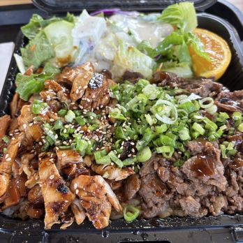 ANB Teriyaki Grill - Teriyaki Chicken and Beef plate combo with salad and rice and slice of orange. - Japanese Near Me - La Puente, California
