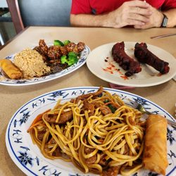 Sesame chicken, pork lo mein , bbq ribs