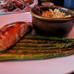 Grilled Atlantic Salmon with grilled asparagus and jalapeno creamed corn Grilled Atlantic Salmon with grilled asparagus and jalapeno creamed corn